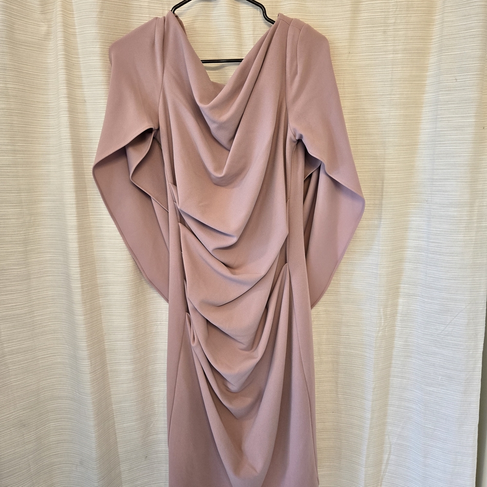Pink Ruched Cowl Neck Long Sleeve Gown
